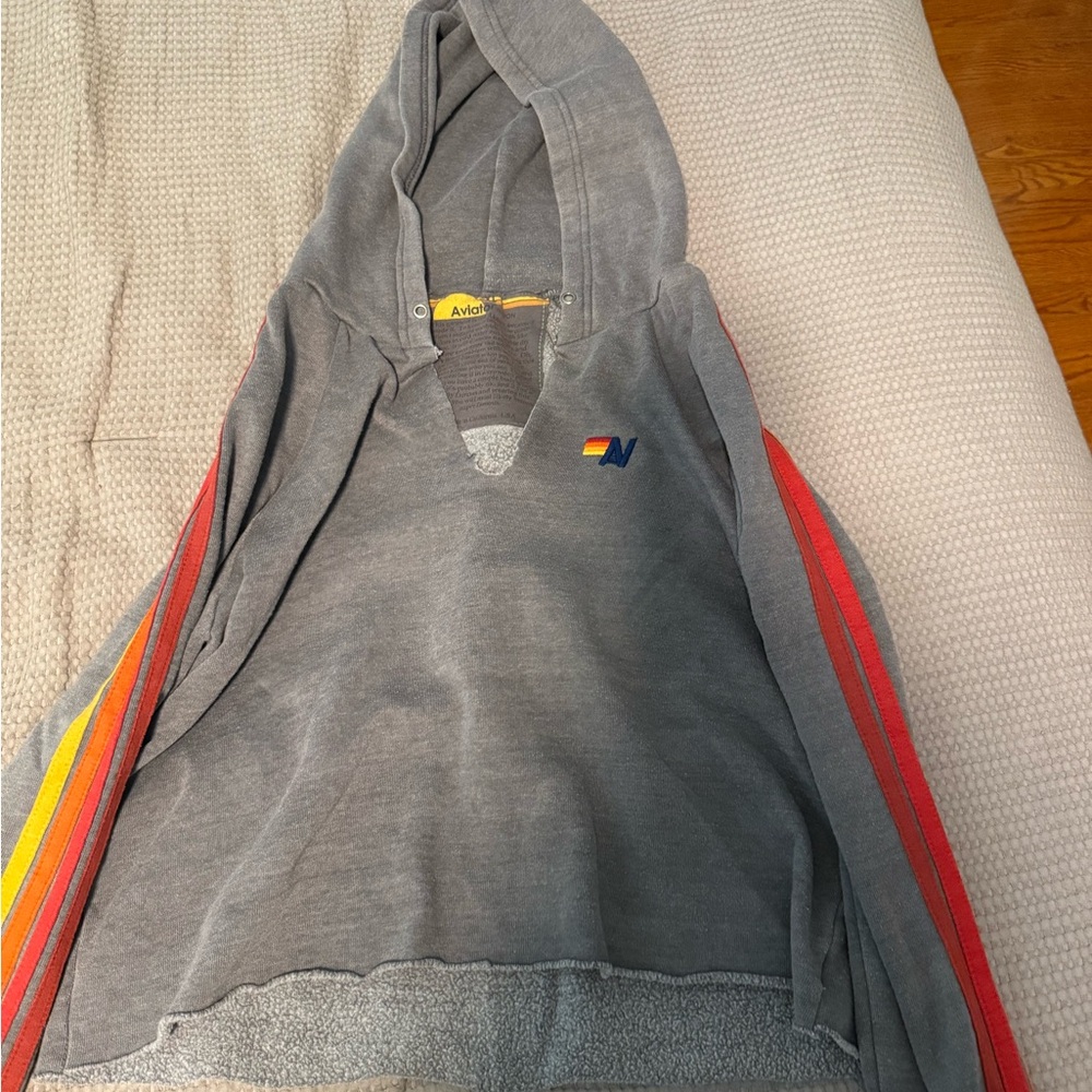 Aviator Nation Gray and Red Sweater with Rainbow Stripes
